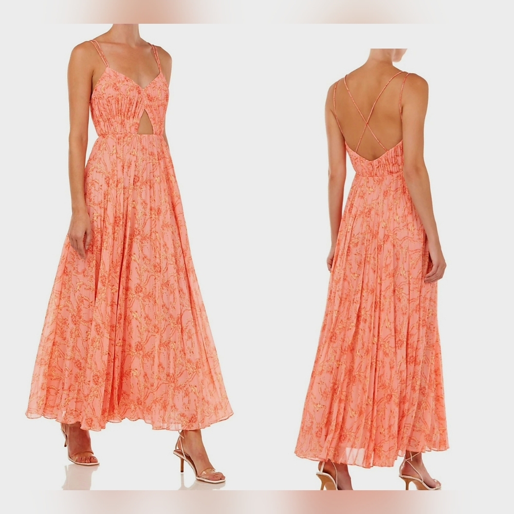 NWT $549 AMUR Lucy Pleated Paisley Cutout Midi Dress Peach Size 12